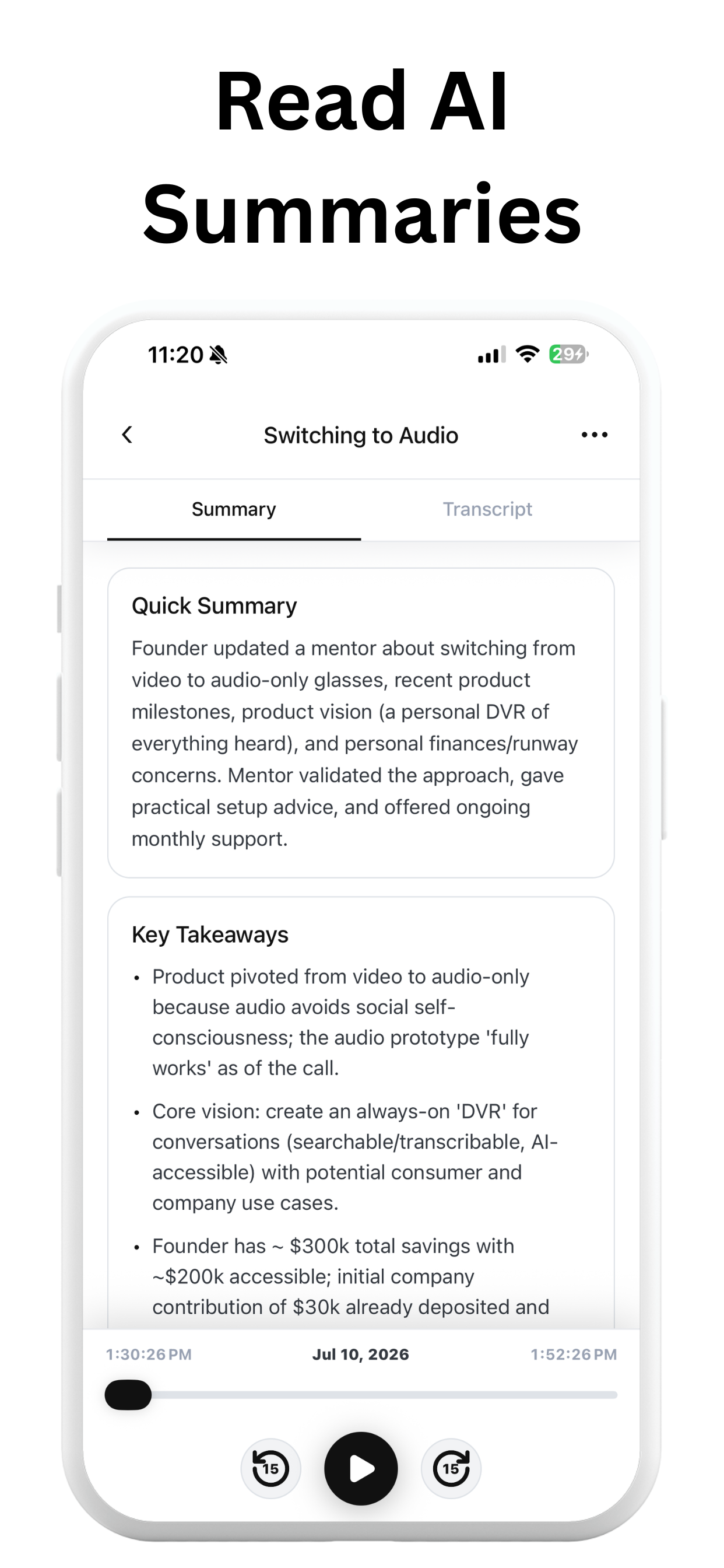 AI summary and key takeaways in the Replay app