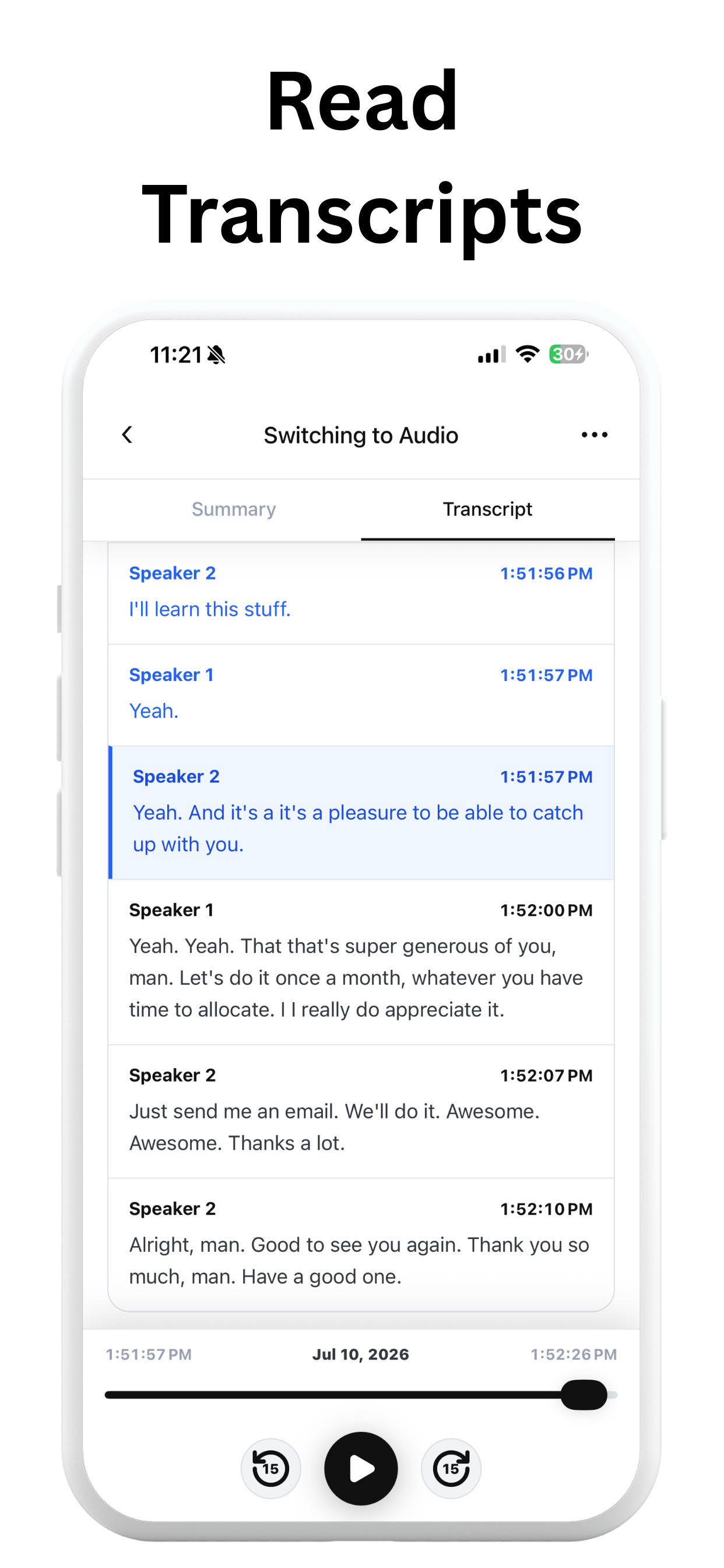 Speaker-separated transcript in the Replay app